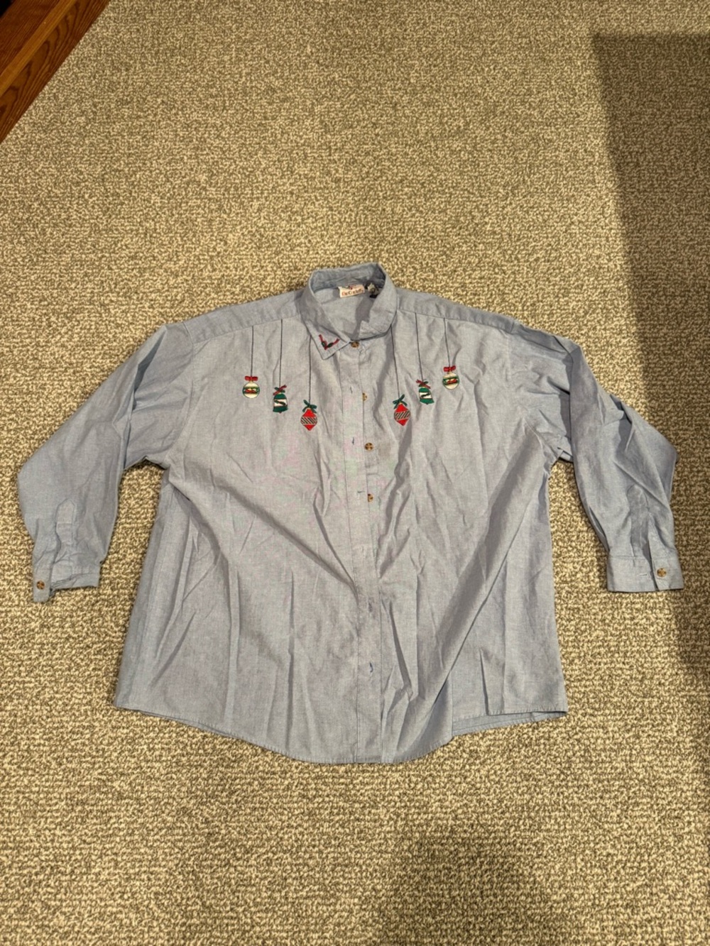 Vintage Light Blue Embroidered Button-Down Shirt for Women